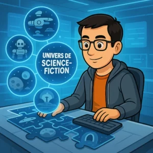 L'avatar du bêta-lecteur du Manuscrit Orphelin est devant une console futuriste. Il est en train de créer un roman de science-fiction en assemblant différents paramètres.