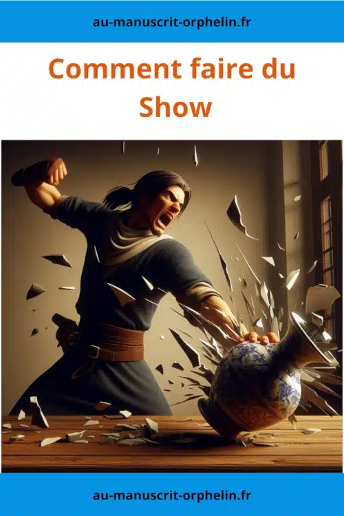 Pour illustrer comment faire du Show et du Tell en littérature, cette illustration montre un homme en colère qui casse un vase sur une table. Cette image est une illustration du Show.
