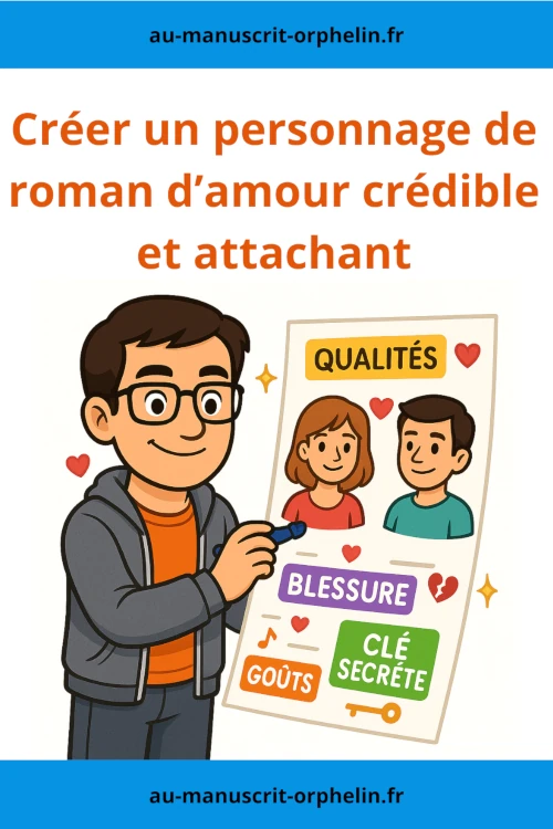 Intitulé " créer un personnage de roman d'amour crédible et attachant", cette illustration représente l'avatar du bêta-lecteur du Manuscrit Orphelin qui tient entre les main une fiche personnage où sont représentés un homme et une femme amoureux. Sur la fiche, on voit des mots comme qualité, goût ou encore blessure.