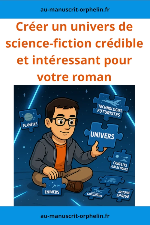 Intitulé " créer un univers de science-fiction crédible et intéressant pour votre roman", cette illustration montre le bêta-lecteur du Manuscrit Orphelin en train d'utiliser des pièces de puzzle géants où sont inscrits : univers, technologies futuristes, conflits galactiques et histoire épique.