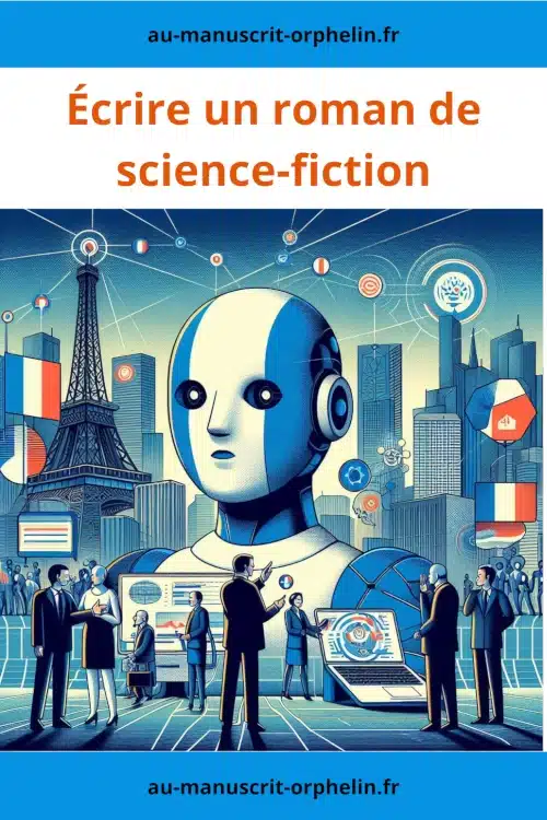 Cette illustration est intitulée : écrire un roman de science-fiction. Elle contient la Tour Eiffel et des drapeaux français? Plus encore, pour symboliser l'intelligence artificielle, elle montre un robot, des réseaux et des ordinateurs.