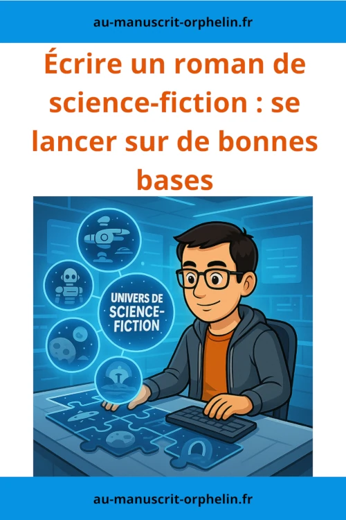 Intitulé " écrire un roman de science-fiction : se lancer sur de bonnes bases ", cette illustration montre l'avatar du bêta-lecteur du Manuscrit orphelin en train de créer un roman de sciences-fiction en mélangeant divers éléments comme la technologie et ainsi de suite.