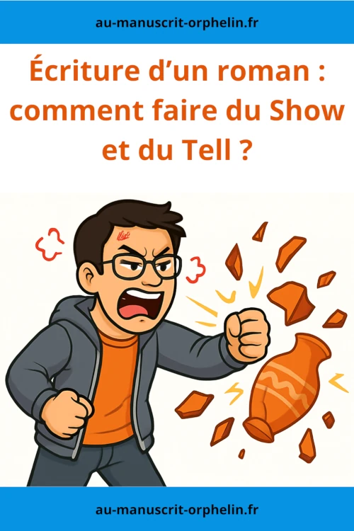 L'avatar du bêta-lecteur du Manuscrit Orphelin donne un coup de point dans un vase pour illustrer un personnage en colère. Le titre de l'illustration est le suivant : Écriture d’un roman : comment faire du Show et du Tell ?