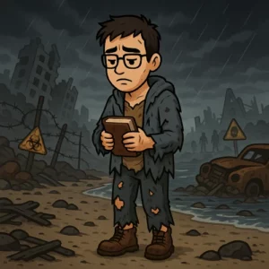 Intitulé " créer un personnage dystopique : l'éveil de la conscience contre l'ordre établi ", cette illustration montre le bêta-lecteur du Manuscrit Orphelin qui marche dans un monde désolé. Le ciel est sombre et les immeubles en arrière plan sont en ruine. Malgré tout, le bêta-lecteur tient un roman entre ses mains.