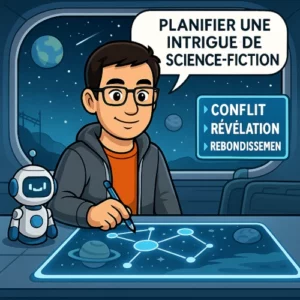 L'avatar du bêta-lecteur se trouve dans un monde futuriste avec une planète inconnue en arrière plan. Il dit "planifier une intrigue de science-fiction". À côté de lui, il y a un panneau avec une liste à puce qui dit : conflit, révélation et rebondissement.