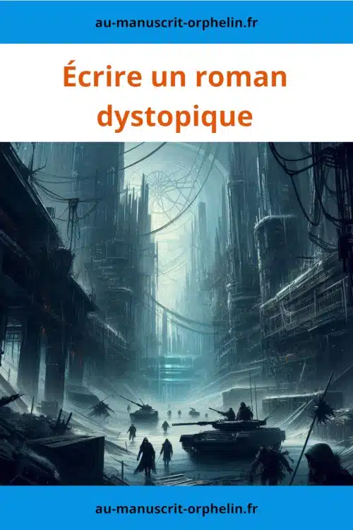 Écrire un roman dystopique. Cette illustration sombre dans les tons bleus et froids montre un tank et des soldats au cœur d'une ville délabrée.