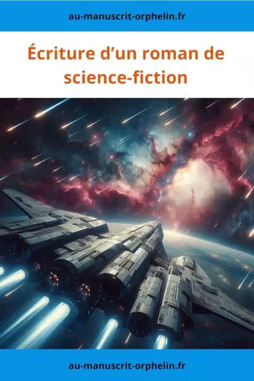Écriture d'un roman de science-fiction L'illustration représente une scène d'un roman de SF de space opera. Il s'agit d'un vaisseau spatial qui vole au-dessus d'une planète avec en fond l'espace et un nuage de gaz rouge.