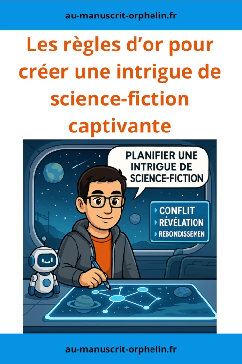 Le titre de l'image est le suivant : créer une intrigue de science-fiction captivante. Il représente l'avatar du bêta-lecteur du Manuscrit Orphelin dans un mondfe futuriste avec une planète inconnue en arrière plan. L'avatar dit : "planifier une intrigue de science-fiction". À côté de lui, il y a un panneau qui dit : conflit, révélation et rebondissement.