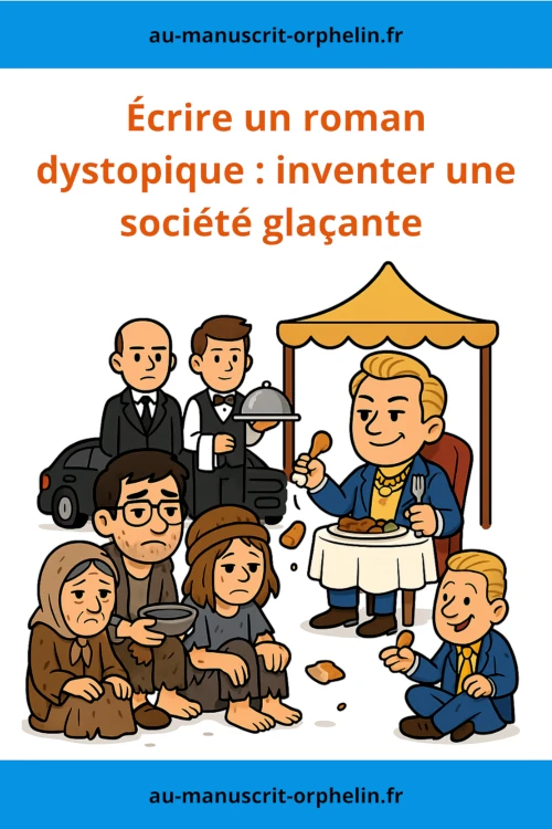 Pour illustrer le fait d'écrire un roman dystopique qui se déroule dans une société glaçante, l'avatar du bêta-lecteur du Manuscrit Orphelin est assis en compagnie de personnes sans-abri. Ses habits sont en lambeau. À côté d'eux se trouve une personne très riche qui gaspille de la nourriture et qui a des serviteur ainsi qu'une limousine.