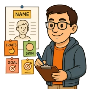 L'avatar du bêta-lecteur du Manuscrit Orphelin est en train de réaliser une fiche personnage. Les caractéristiques suivantes sont indiquées : nom, traits de caractère, objectifs, etc.