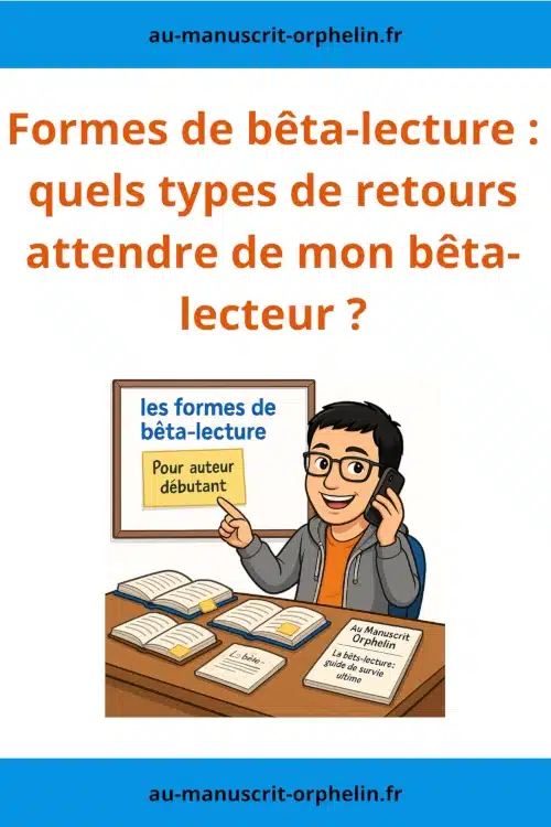 L'illustration montre l'avatar du bêta-lecteur du Manuscrit Orphelin. Le personnage est assis devant son bureau en train de téléphoner. Il pointe vers un tableau où est écrit : "les formes de bêta-lecture pour auteur débutant". Le titre de l’Illustration est le suivant : formes de bêta-lecture : quels types de retours attendre de mon bêta-lecteur ?