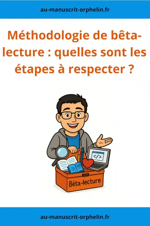 L'avatar du bêta-lecteur du Manuscrit Orphelin se trouve devant une boîte à outil où il y a une loupe, un ordinateur, un stabilo, des crayons et des carnet. Le titre de l'illustration dit : Méthodologies de bêta-lecture : quelles sont les étapes à respecter ?