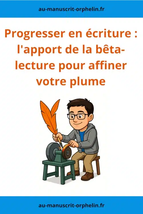 L'avatar du bêta-lecteur du Manuscrit Orphelin est dans un atelier en train d'affuter la pointe d'une plume avec une meule. Le titre de l'illustration est le suivant : Progresser en écriture - l'apport de la bêta-lecture pour affiner votre plume.