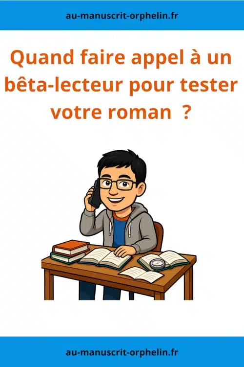 L'avatar du bêta-lecteur de Au Manuscrit Orphelin est au téléphone. Il est assis devant un bureau où il y a des livres ouverts. L'illustration porte le titre suivant : quand faire appel à un bêta-lecteur pour tester votre roman ?