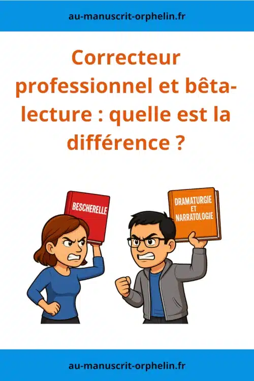 L'illustration représente deux personnages qui se font face avec une expression menaçante. Celui de gauche est un correcteur professionnel qui brandit un livre rouge où est inscrit Bescherelle. La correctrice professionnelle jette sur l'avatar commun un livre où est écrit tient un livre où est inscrit "Bescherelle". Le second est l'avatar du bêta-lecteur du Manuscrit Orphelin qui brandit un livre où est inscrit "dramaturgie et narratologie"