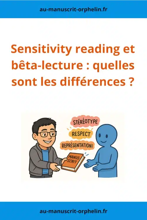 L'avatar de bêta-lecteur du Manuscrit orphelin tend un manuscrit vers un sensitivity reader, symbolisé par une neutralité dans son apparence. Au-dessus du lecteur de sensibilité est inscrit : stéréotype, respect et représentation. Le titre de l'illustration est le suivant : Sensitivity reading et bêta-lecture : quelles sont les différences ?